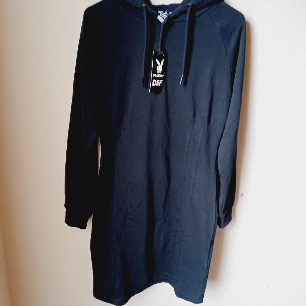 Black hooded playboy dress.